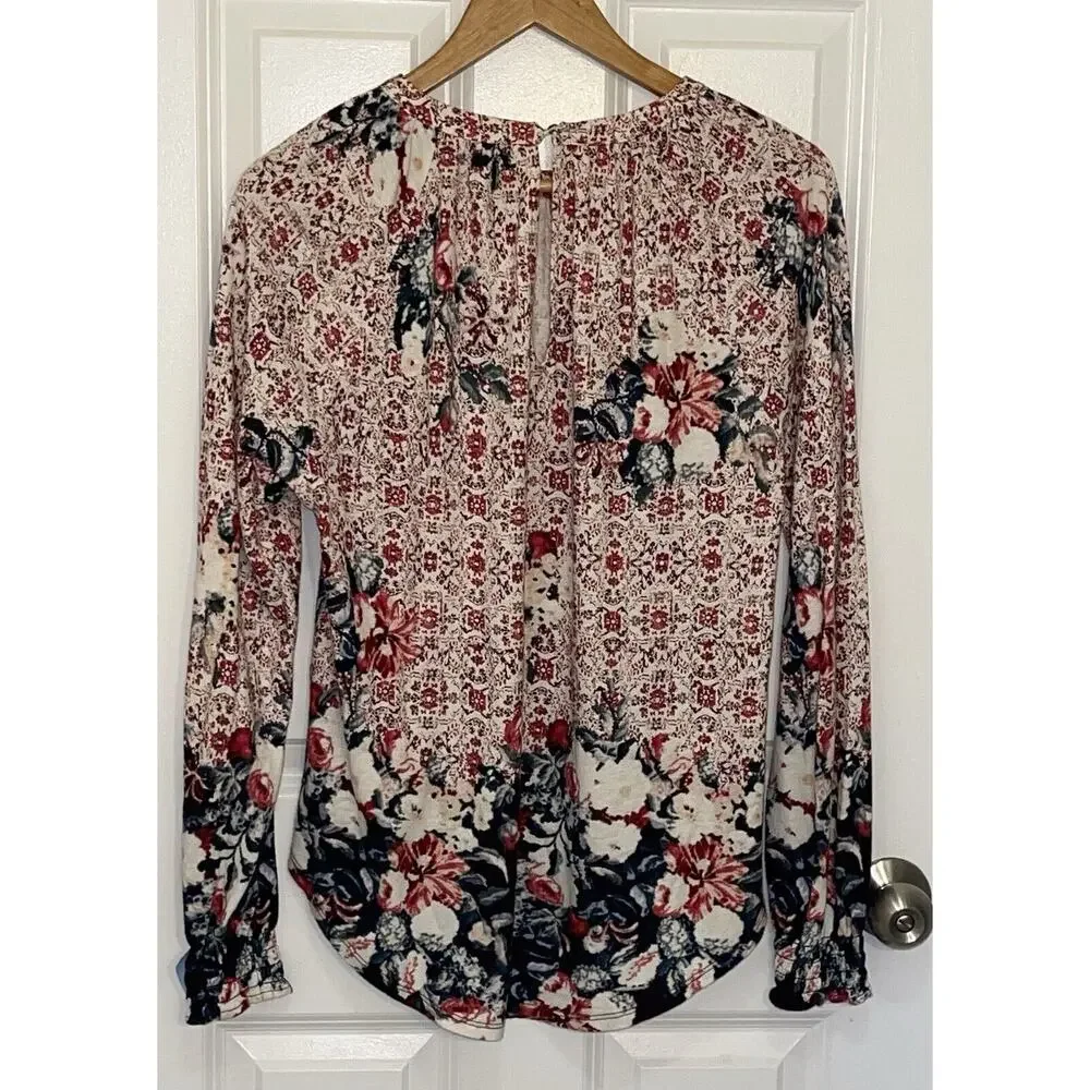 Lucky Brand Women's Boho Peasant Blouse Back Button Keyhole 2 Front Keyholes (M)